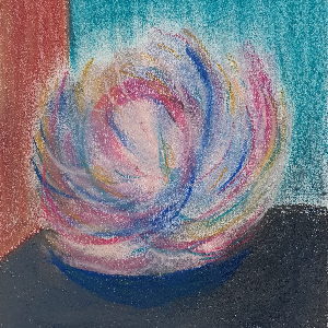 Zeichnung einer Blüte in Pastelltönen, entstanden in der Weiterbildung mit darstellendem Spiel, geleitet von Monika Timme.